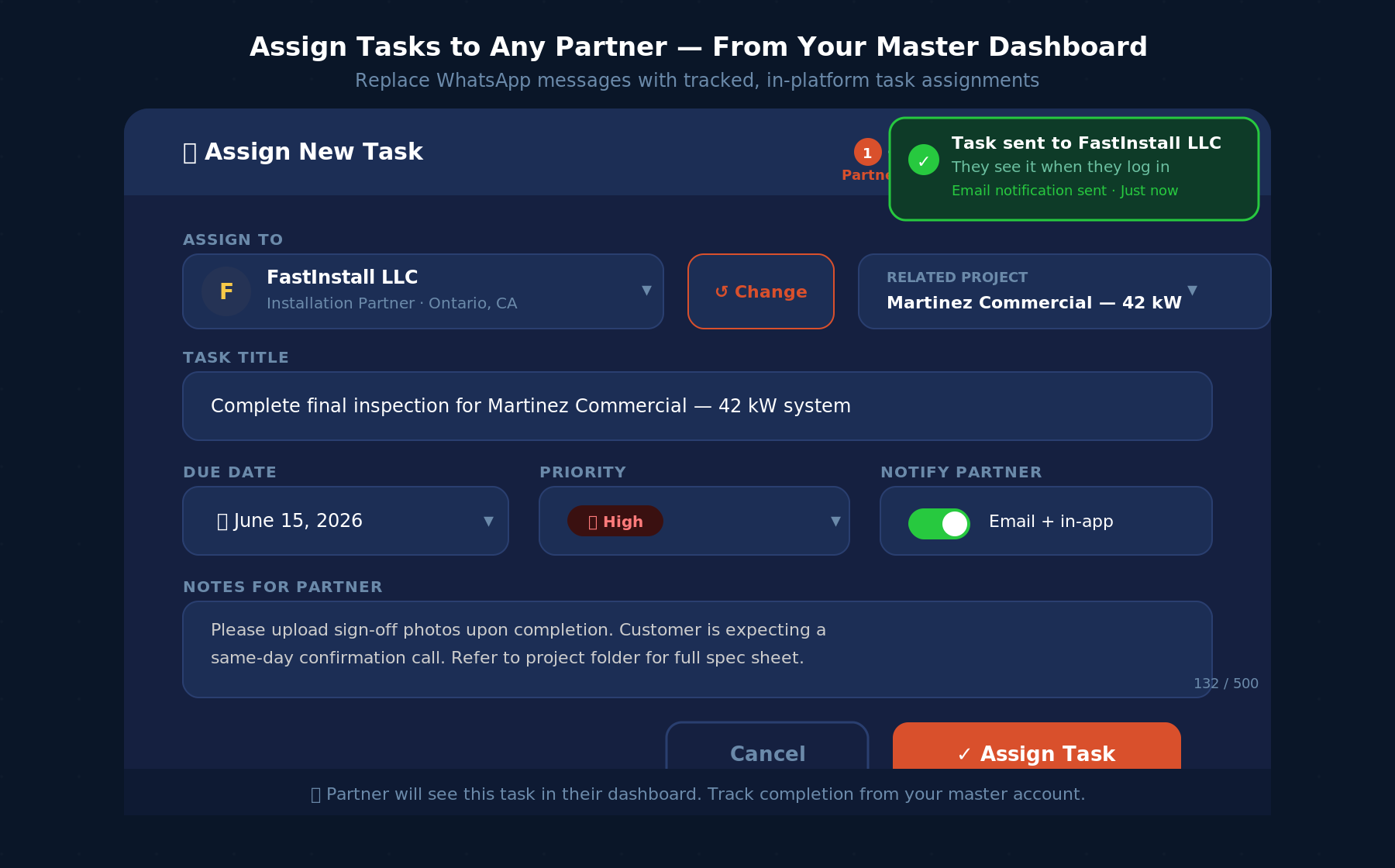 Task assignment interface in SaaSSolar partner portal master dashboard