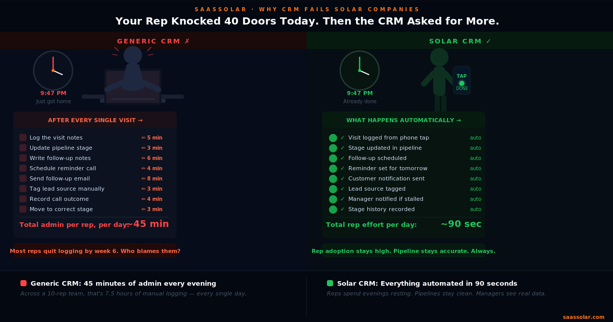 Solar rep spends 45 minutes a day on manual CRM data entry — the hidden cost of using a generic CRM