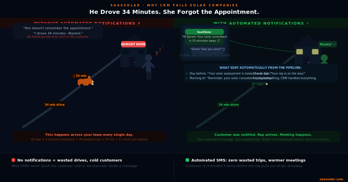 Solar rep wasted trip vs automated SMS notification — 17 hours lost weekly from unannounced visits