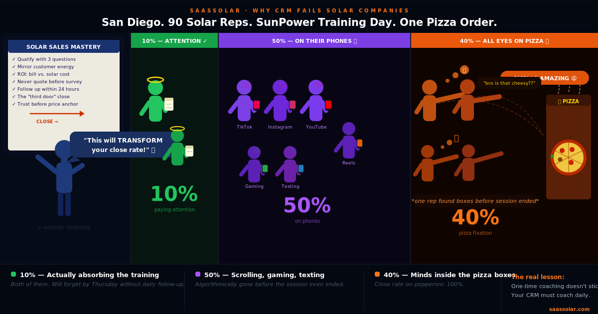 Solar sales rep coaching failure — 50% on phones, 40% at pizza, only 10% paying attention in training